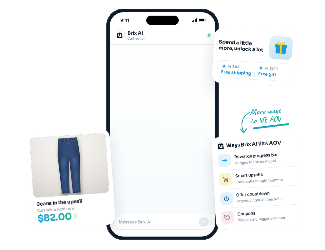 Brix AI cart demo: upsells, rewards progress bar, coupons and AOV calculator